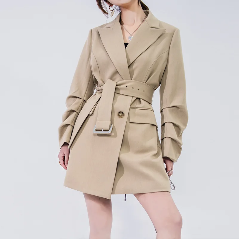 

Women Workwear Blazers With Buckle Belt 2019 New Spring Summer Folded Long Sleeve Double-Breasted Suit Jacket Coat Outerwear