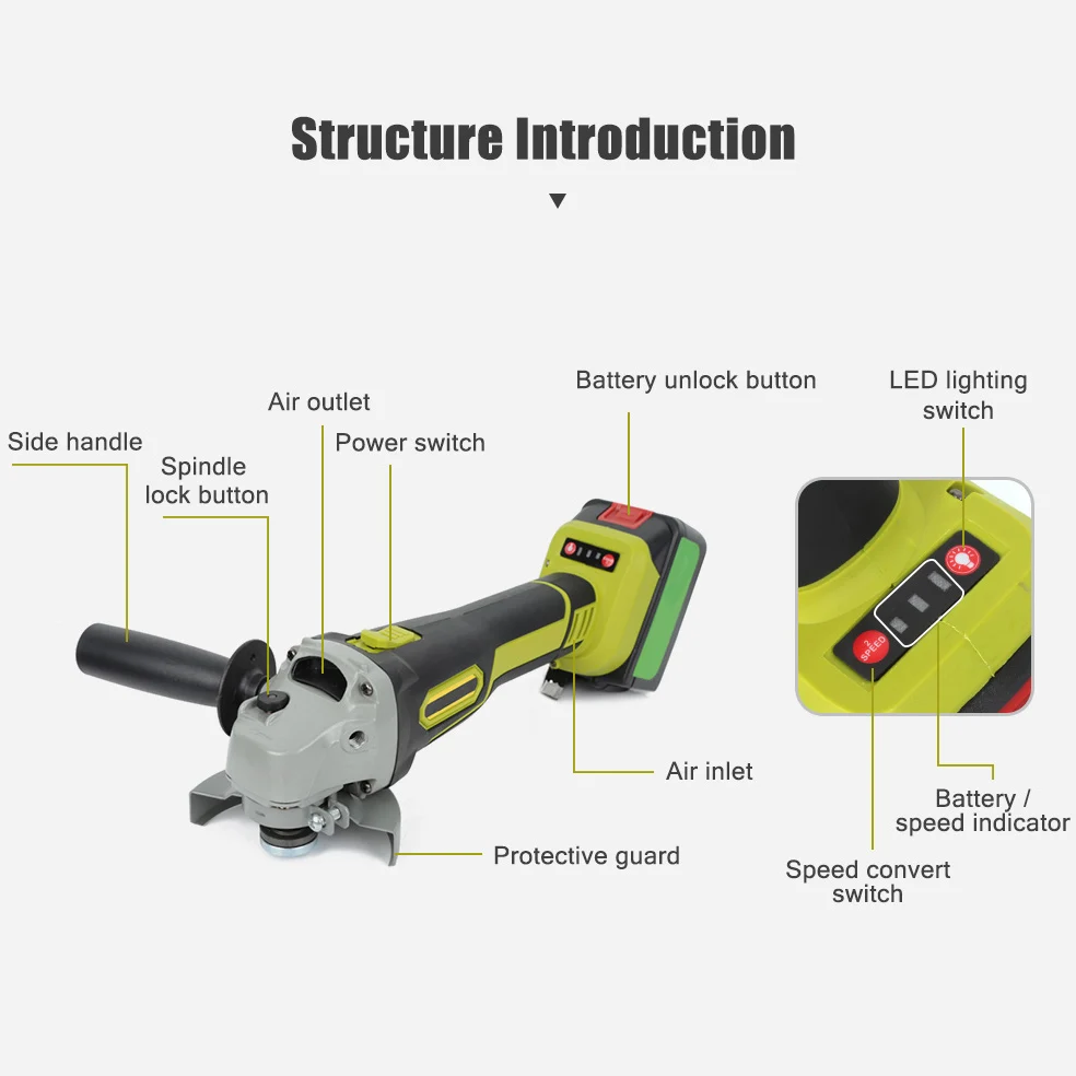 8000rpm Cordless Angle Grinder Brushless Polisher Grinding Metal Cutter 8000mAh Li-ion Battery Rechargeable Power Tool
