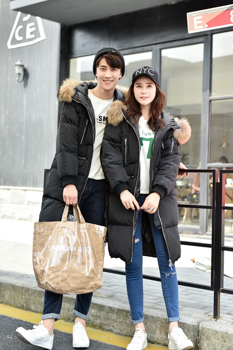 South Korea Female Version of Down Jacket Mid-length over-the-Knee Ultra Large Fur Collar Slim Fit Thick Large Size Couples