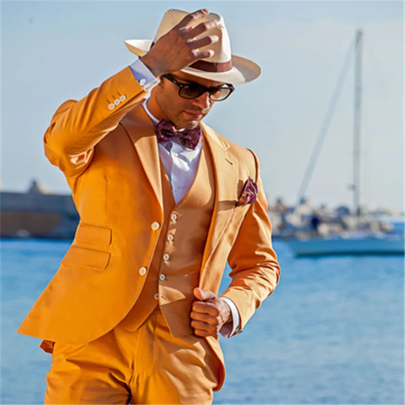 

New Arrival Orange Latest Design Men Suit 3 Pieces (Jacket+Pant+Vest+Tie) Custom Suits Formal Trajes De Hombre Tuxedos Blazer