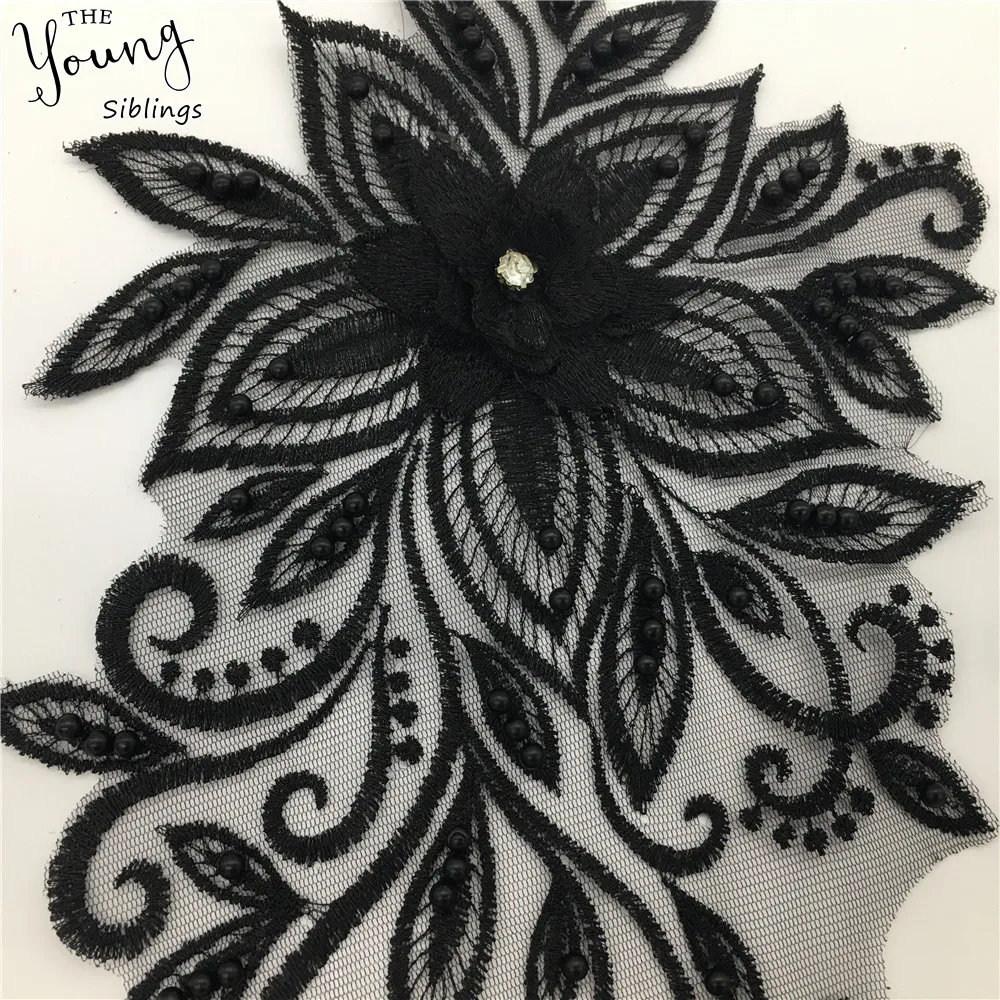 Новое поступление черный 3D цветок вышивка ABS жемчуг кружевной воротник тканевый Аппликация DIY Тюль Кружева декольте платья украшения Аксессуары