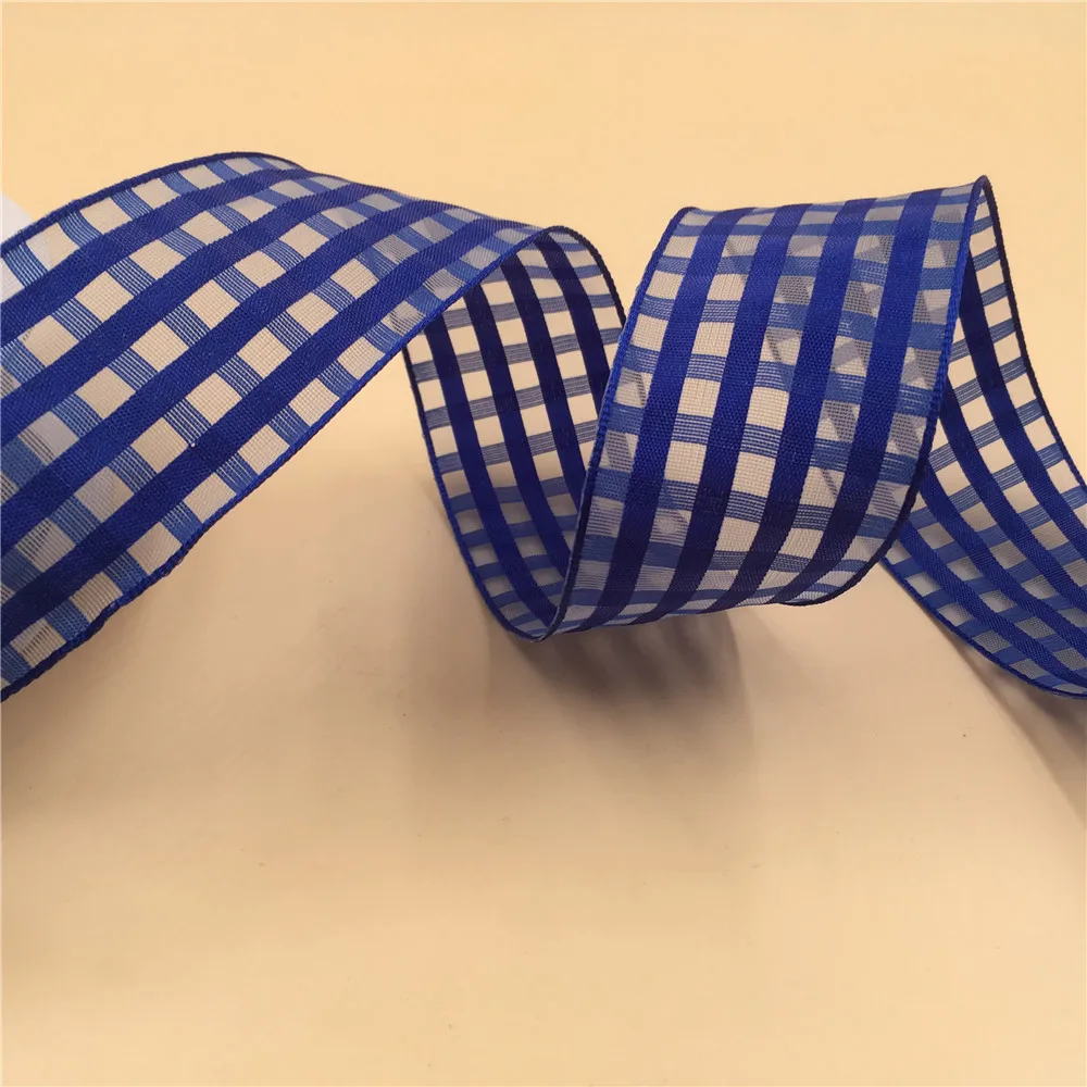 

38MM X 25 Yards Royal Blue Plaid Check Organza Wire Edge Ribbon for Birthday Decoration Gift Wrapping 1-1/2"