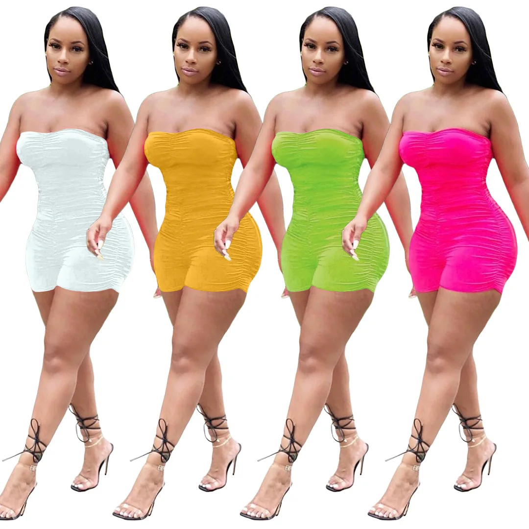 

Solid Color Strapless Stacked Frill Playsuit Summer Women Jumpsuit European and American Sexy Style Model Rompers