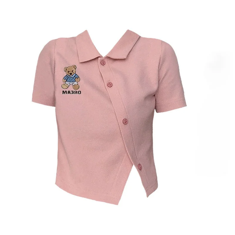 

Sense of design Polo T-Shirt female pink high waist crop navel short slim show thin little bear embroidered Cartoon T-Shirt