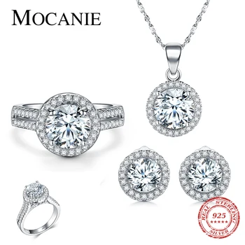 

Mocanie Fashion Wedding Jewelry Set Women 925 Sterling Silver CZ Geometric Full Round Pendant Necklace & Stud Earring & Ring