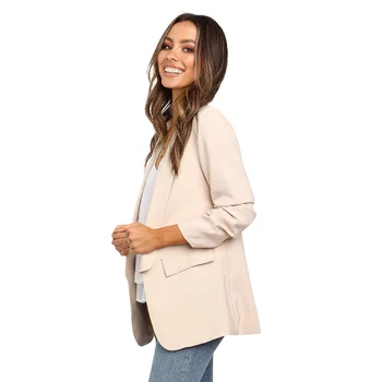 

Women Long Sleeve Blazer Notched Collar Mock Pocket Office Ladies Mid-Long Outerwear