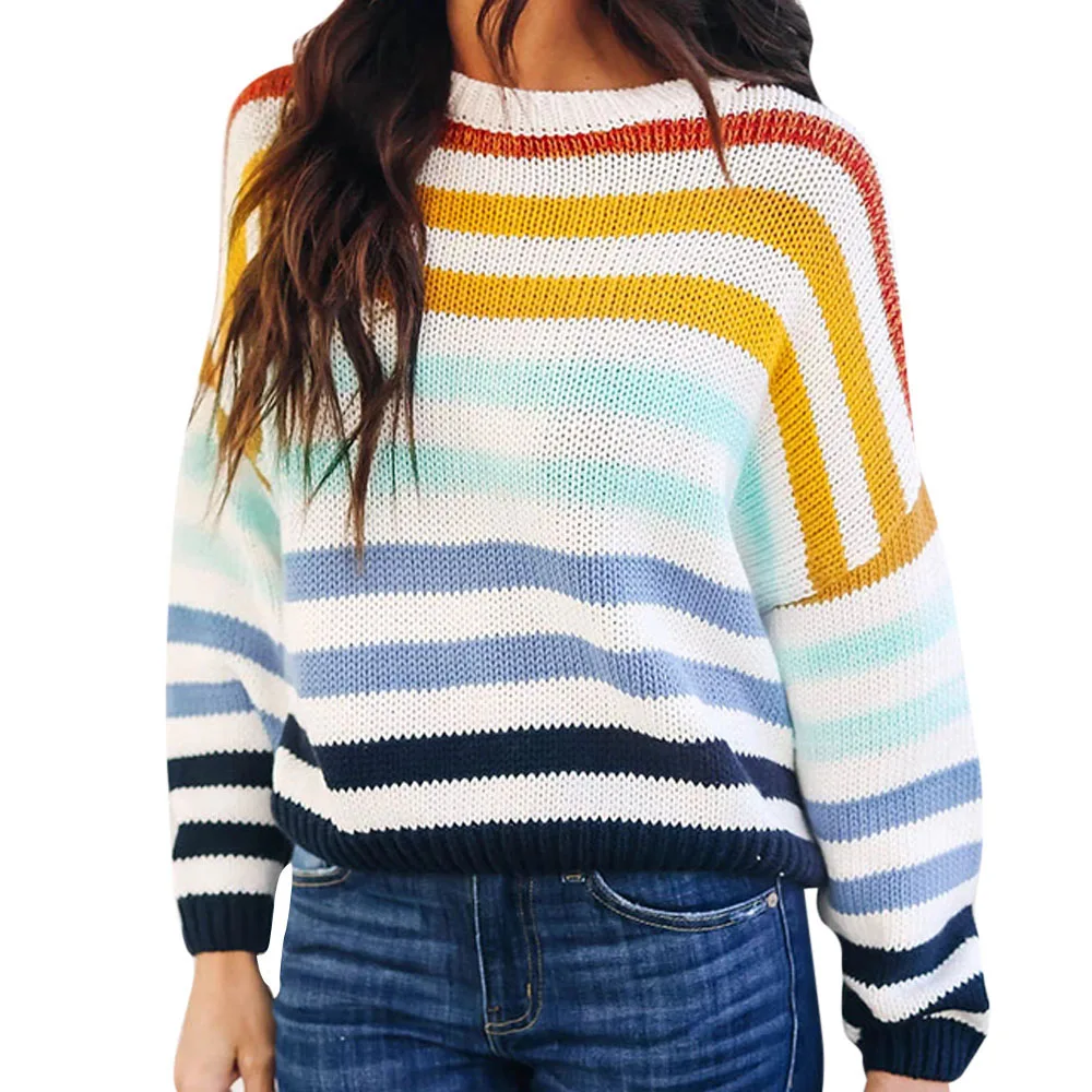 

Women Autumn Sweater 2019 New-coming Striped Sweater Multicolor Stripes Long sleeved Pullovers Contrast Color Sweater Tops D30
