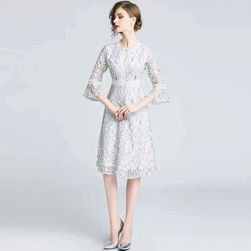 Women Casual Dress New Brand Autumn Fashion Flare Sleeve Hollow Out Lace Elegant Slim Ladies Party Dresses