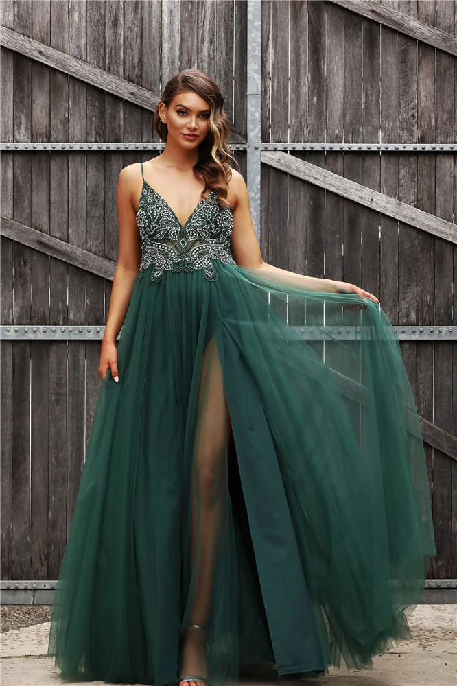 Vestido Formatura, платья на тонких бретельках для выпускного вечера, длинные тюлевые кружевные аппликации из бисера, Vestidos De Gala, платье с Боковым Разрезом