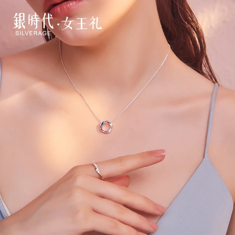 SA SILVERAGE Double Color Blue Red Europa S925 Necklace Women's Pure Silver Red Zircon Clavicle Chain Silver Necklace Women