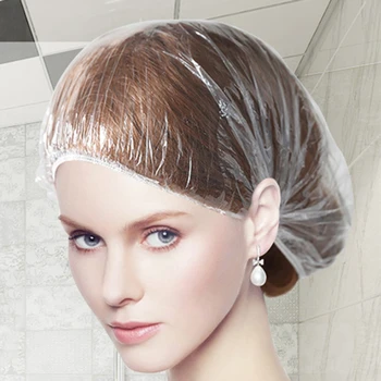

100pcs Ordinary White Strip Cap Disposable Shower Cap Pe Plastic Transparent Waterproof Shower Cap