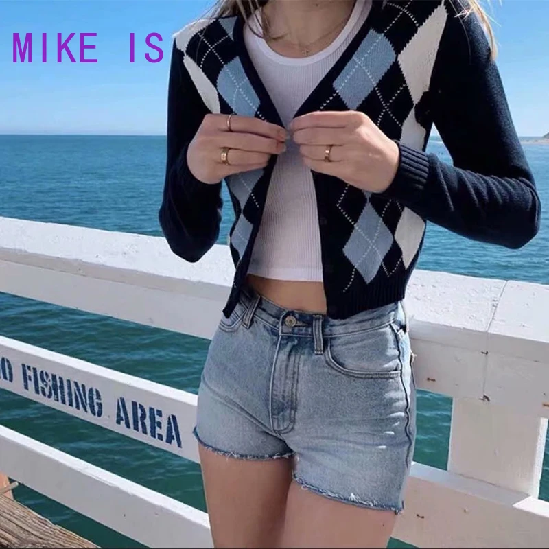 blue argyle cardigan