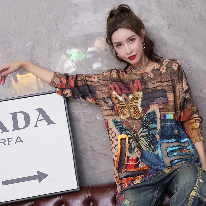 

Vintage European Knitted Sweater 2020 New Autumn O-neck Pullover Women Letter Butterfly Flower Print Street Style Sweater