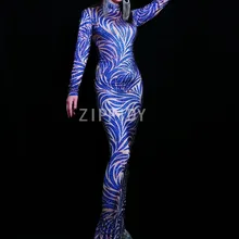 Блестящие синие фиолетовые стразы одежда с длинным рукавом платье День рождения, празднование платье бар Для женщин певица одежда для танцоров Выпускное Платье для выступлений на сцене