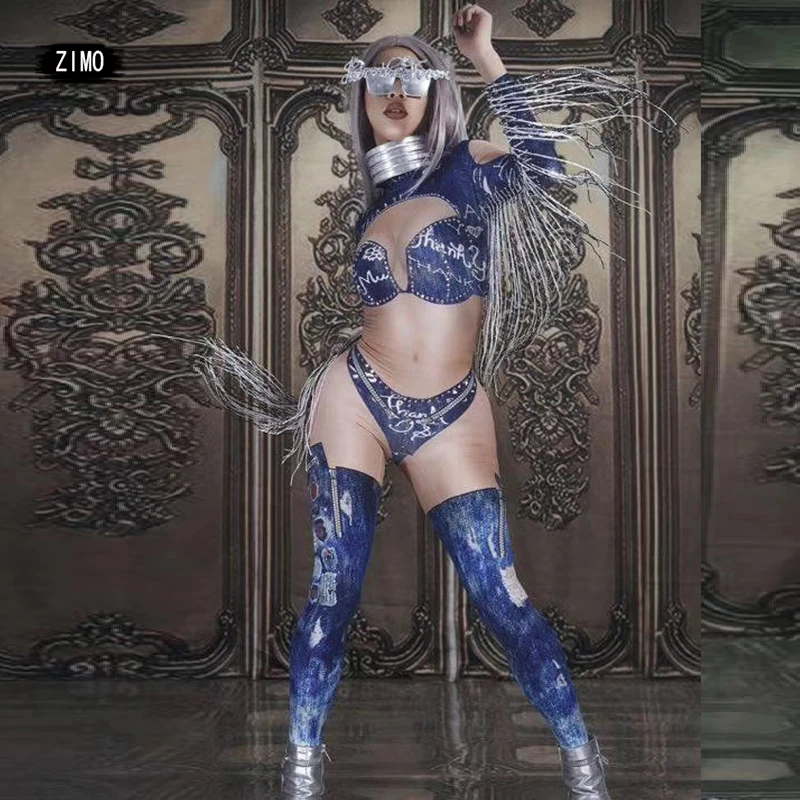 

Синий пикантный комбинезон с кисточками и принтом, Женский Облегающий комбинезон для диджея, ночного клуба, вечеринки, выпускного вечера, выступления, сценической одежды, танцевальный костюм для танцев, костюм королевы