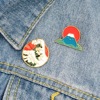 

Japanese style Ocean Sea Wave Mount Brooch Pins Mountain Peak Wood Adventure Enamel Pins Jewelry Brooches Lapel Pin For Friends