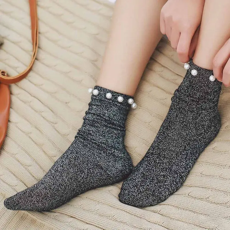 1 пара, модные женские носки, женские серебряные шелковые носки с жемчугом, женские короткие носки с кристаллами, тонкие носки с кристаллами, теплые носки