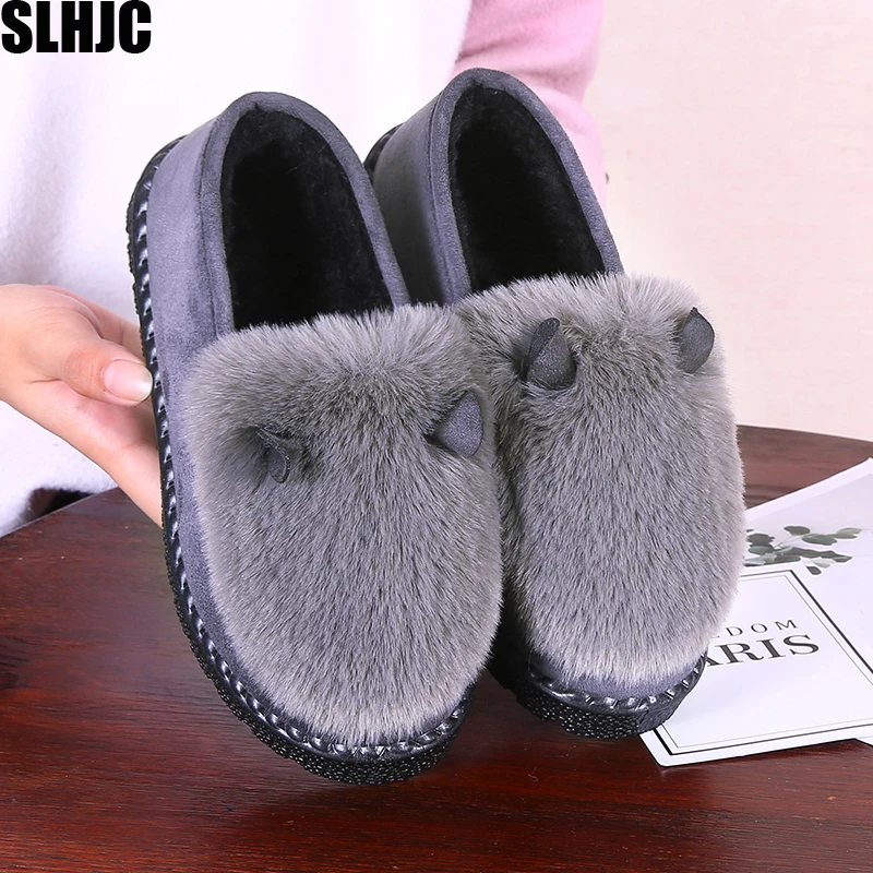 

SLHJC Autumn Winter Flats Warm Cozy House Outside Slip On Fur Shoes Anti Skid Flat Heel Low Platform Snow Flats Female Loafers