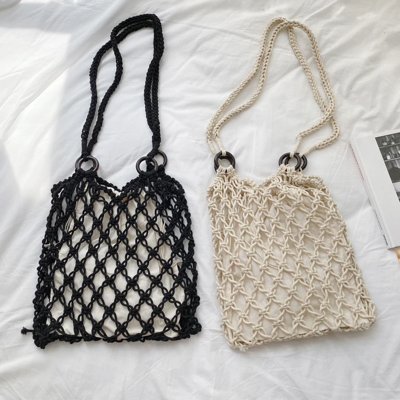 

2020 New Cotton Thread Knitted Women Handbag Ladies Net Hollow Bag Japan Style Female Woven Shoulder Bag Beach Bag Sets