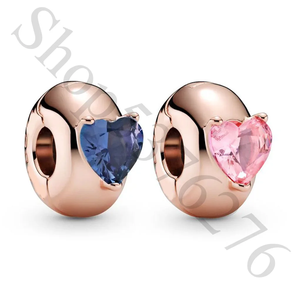 

Аутентичные Подвески-зажимы для браслета Pandora в виде розового и синего сердца, подходят для женского браслета, подарочные украшения «сделай сам»
