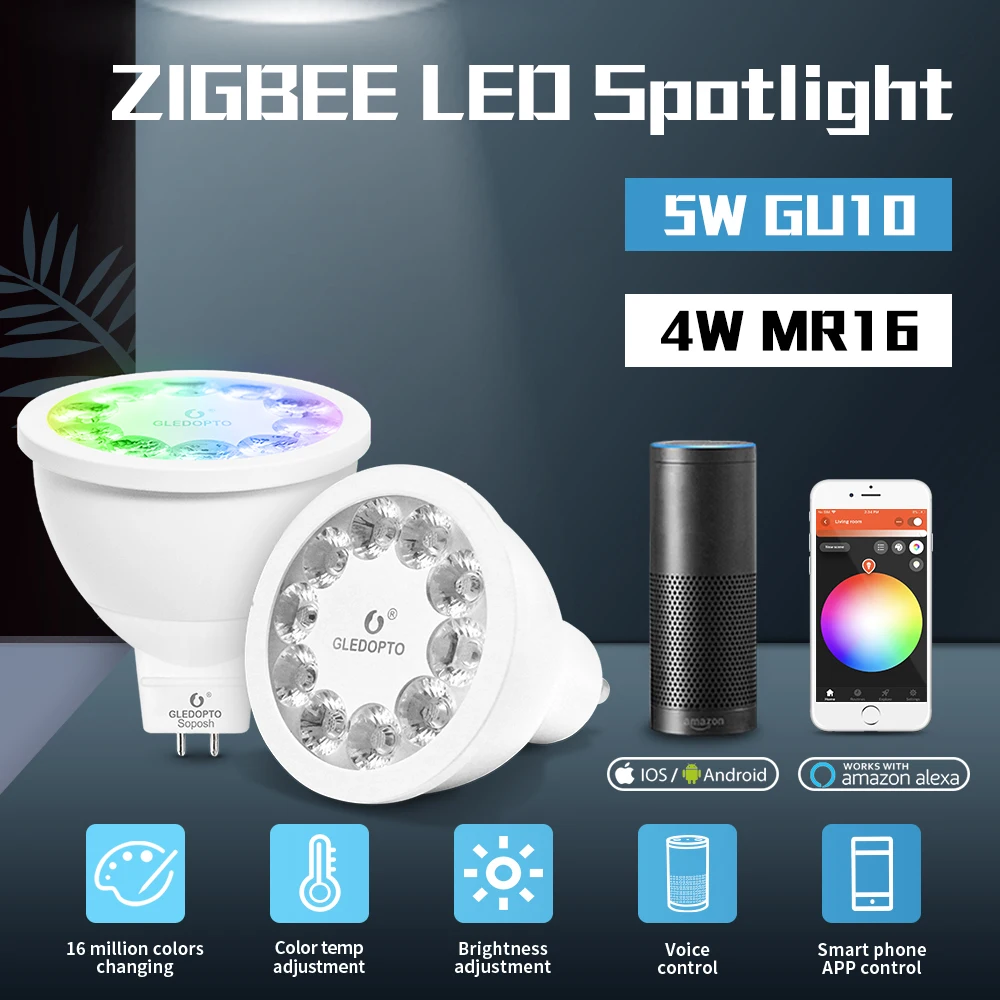 GLEDOPTO RGBCCT GU10 MR16 ZIGBEE ZLL RGB+Dual white color LED spotlight AC100-240V work with Amazon alexa gateways app control