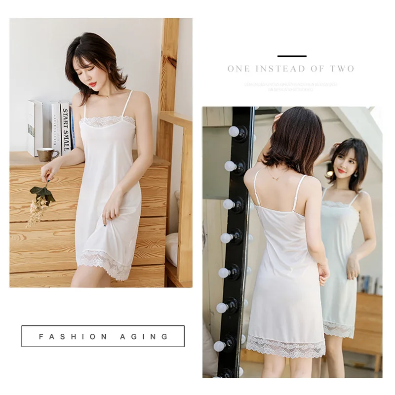 Sexy milk silk suspender underskirt women deep chest lace full slip dress slim transparent underdress bottoming skirt nightdress
