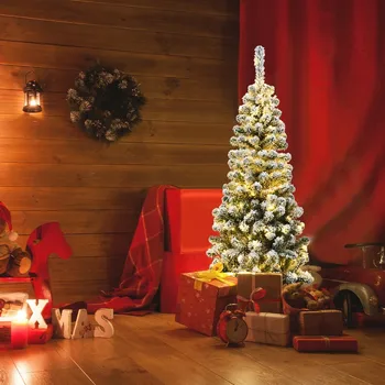 

4.5 Ft Pre-lit 150 LED Lights Snow Flocked Hinged Pencil Christmas Tree Lifelike Premium PVC Needles Indoor Decorations Tree
