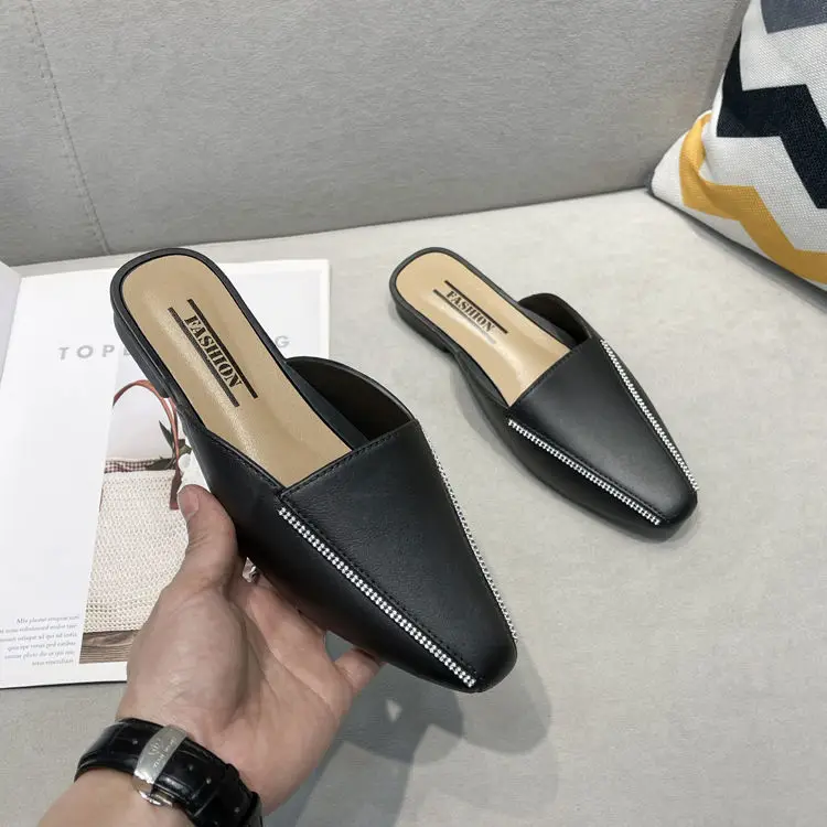 Women Low Cool Slippers Pointed Toe Flats Bottom Fashion Summer Drag Sandals Woman's Baotou Slippers Lazy Casual Mules Shoes