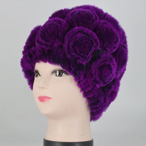 color 4 Winter Rex Rabbit Fur Hat Women Knitted Natural Rex Rabbit Fur Flowers Beanies Hats Warm Soft Real Rex Rabbit Fur Caps - Цвет: color 4