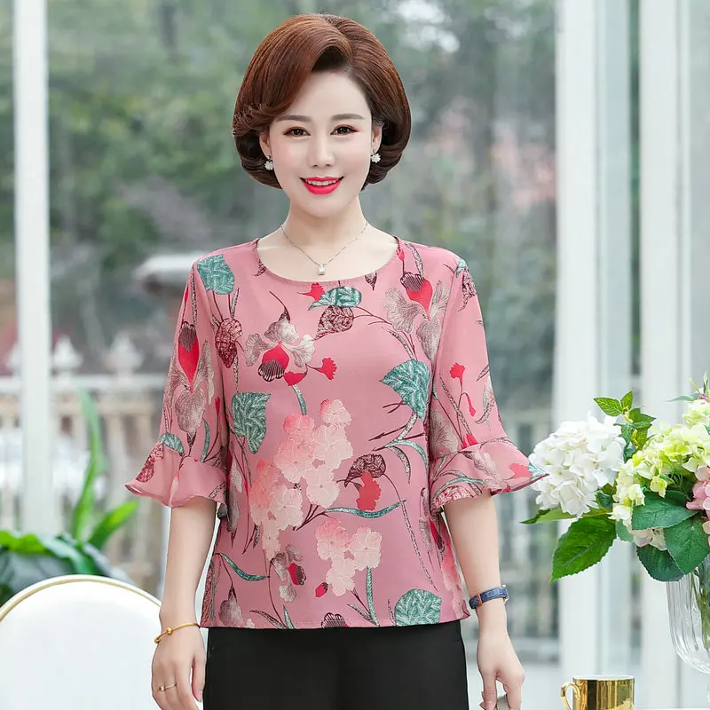 

Summer Woman Red Green Flower Chiffon Silk Blouse Ruffle Half Sleeve Round Collar Tops Middle Aged Women Leisure Pretty Blouse