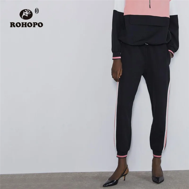 

ROHOPO Side Striped Elasticity Waist Patchwork Pink Black Sweat Pencil Pant Autumn Ladies Jogger Trousers #8705