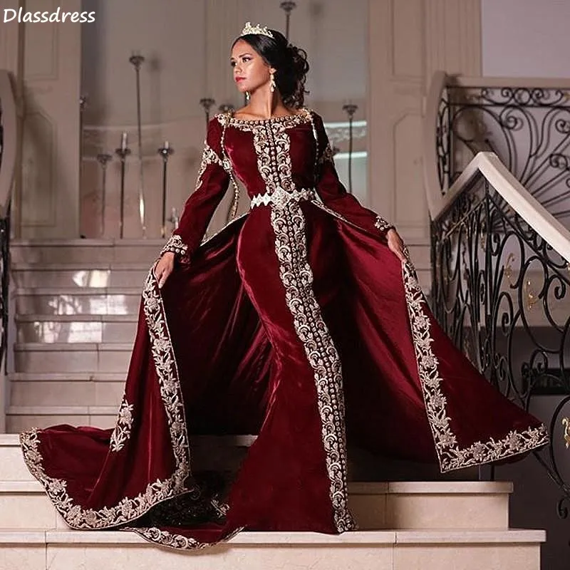 

Wine Red Evening Dress Elegant Gold Applique Long Sleeves Mermaid Detchable Sweep Train Satin Prom Dress O-neck
