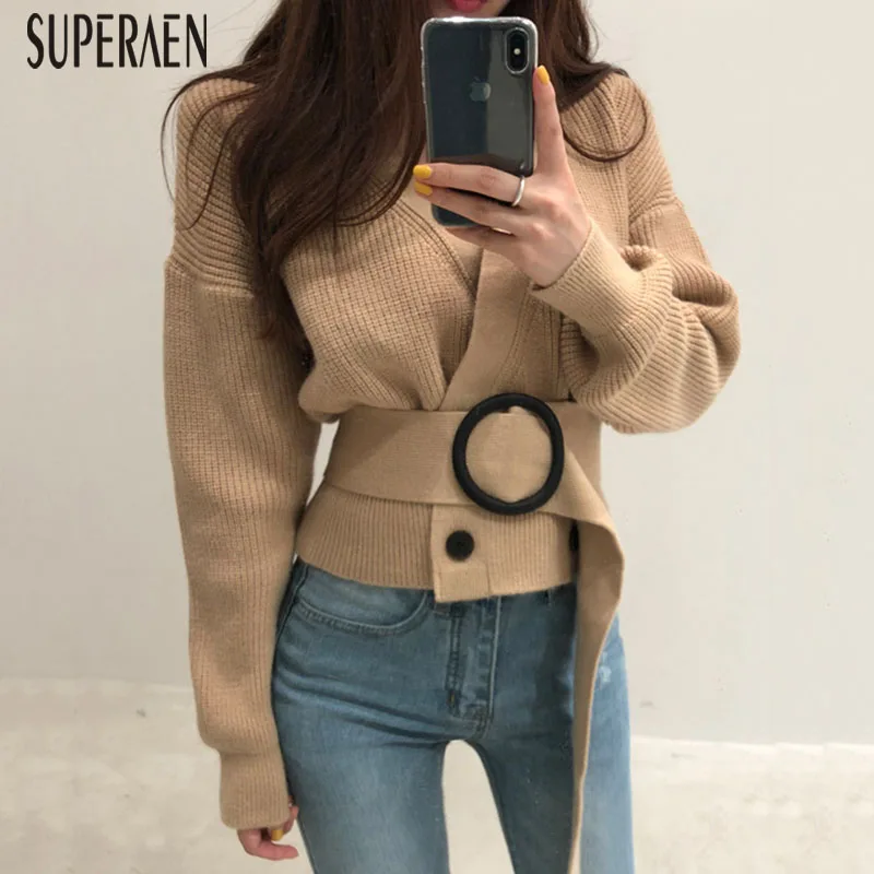 

SuperAen Korean Style Women Sweater Coats V-neck Autumn New 2019 Sweater Short Coat Female Fashion Casual Wild Ladies Tops