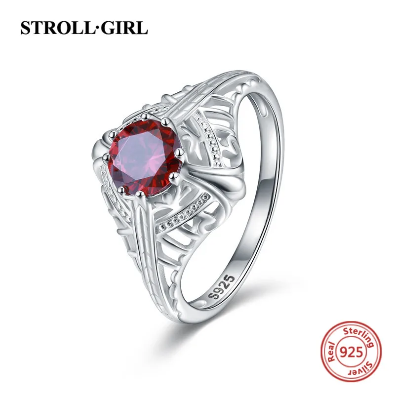 Strollgirl, Ретро стиль, 925 пробы, серебро, красный, прозрачный циркон, полые кольца, кольца на палец для женщин, вечерние ювелирные изделия, подарок