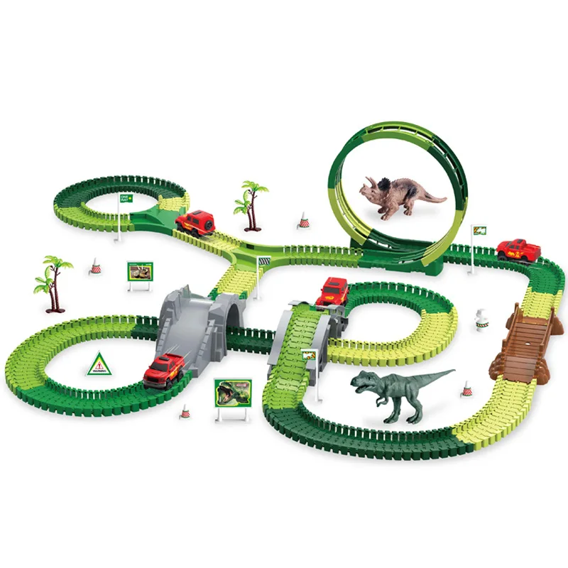  241Pcs Dinosaur Track Toys for 3 4 5 6 7 8 9+ Year Old Boys  Girls, 2 Electric Jeeps & 8 Dino Figures, Upgraded Dinosaur Skull Tunnel  with Smoke, Light and