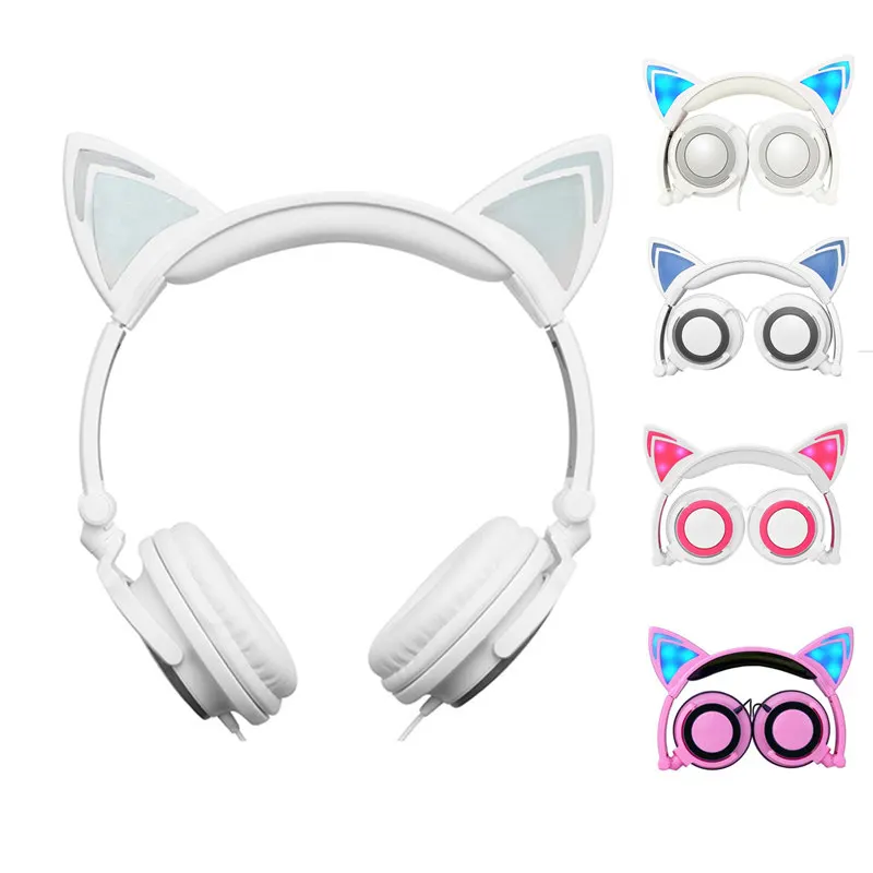 

Cute Kids Daughter Music Headphones LED Flashing Cat Ear Headset Cartoon Gaming Headphones Universal For Mobile Phone PC MP3 4