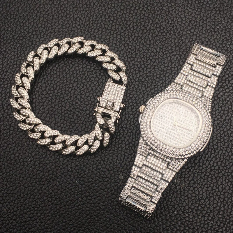 Модные мужские часы в стиле хип-хоп, ожерелье, золотые и серебряные часы, браслет, ледоубор, Кристальный кулон, комбинация ювелирных изделий - Окраска металла: silvery set