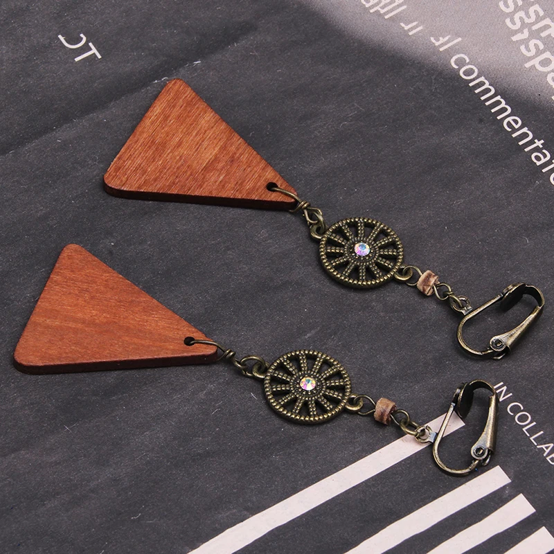 Винтажные деревянные треугольник клипса серьги с подвесками для женщин этнические богемные круглые хрустальные висячие клипсы-каффы длинные серьги