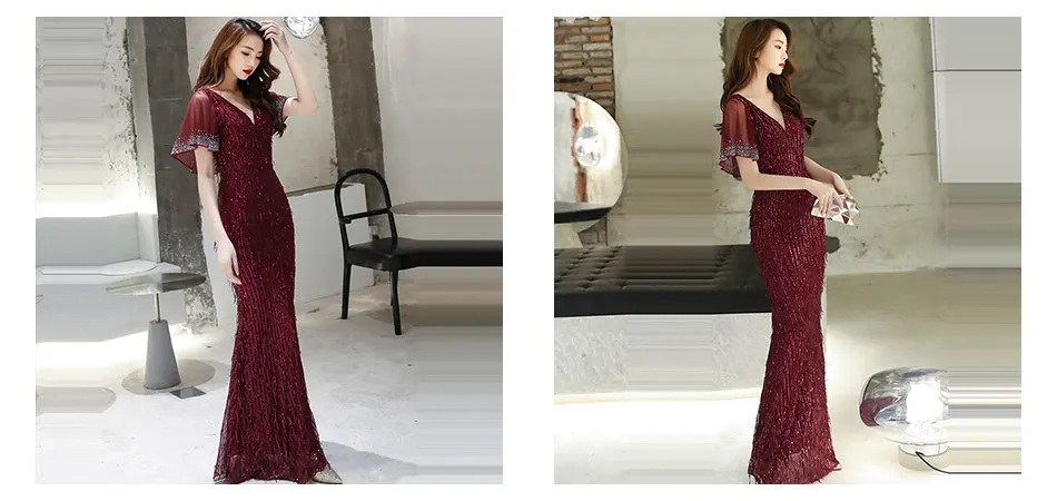 It's Yiiya Evening Dress Floor-Length V-Neck Sequined Robe De Soiree K028 Short Sleeve Backless Plus Size Evening Dress