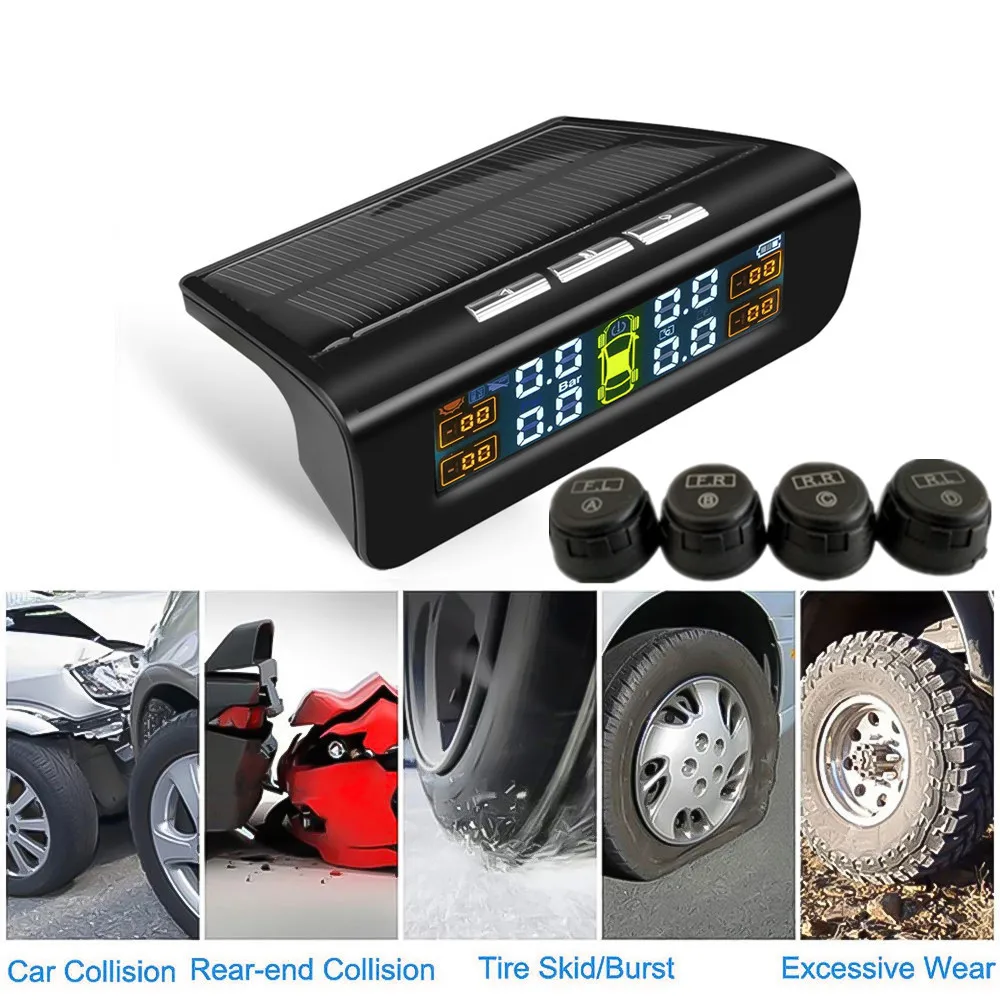 Автомобильная охранная сигнализация TPMS автомобильный датчик контроля давления в шинах системы солнечной энергии USB кабель 4 внешних датчика мониторинг температуры
