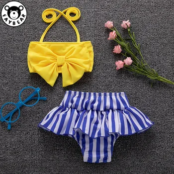

Swimsuit Baby Girl Striped Bow Bathing Suits For Children Two Pieces Swimwear Beach Bikini Set Biquini Ruffles Dress Suit