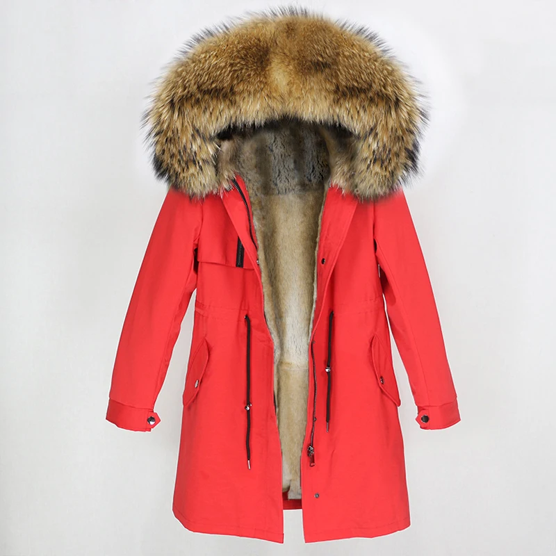 red natural 2 OFTBUY новая парка зимняя куртка женская шуба из натурального меха енота меховой капюшон, воротник из натурального кроличьего лайнера теплая тонкая верхняя одежда - Цвет: red natural 2