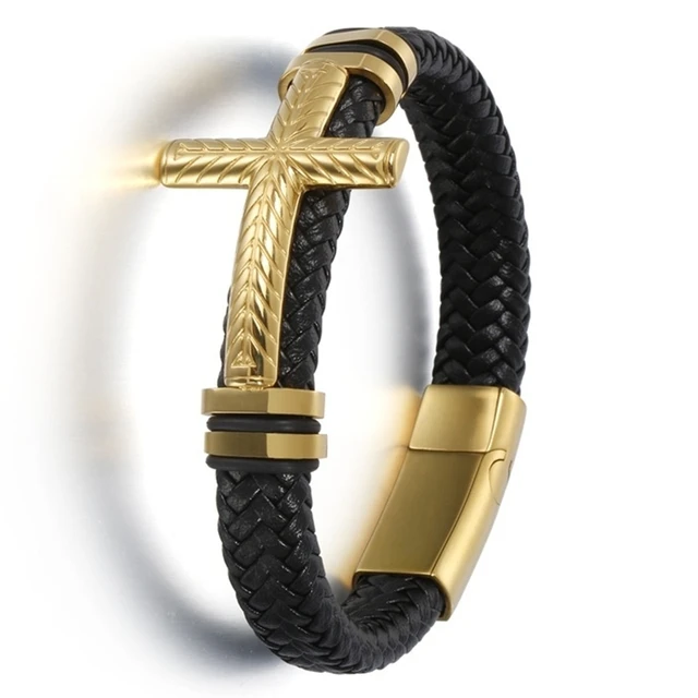 Classic Black Leather Wrap Bracelet for Men Metal Magnetic Clasp Fashion Bangle Bracelet Birthday Gift A14807-Gold-23cm