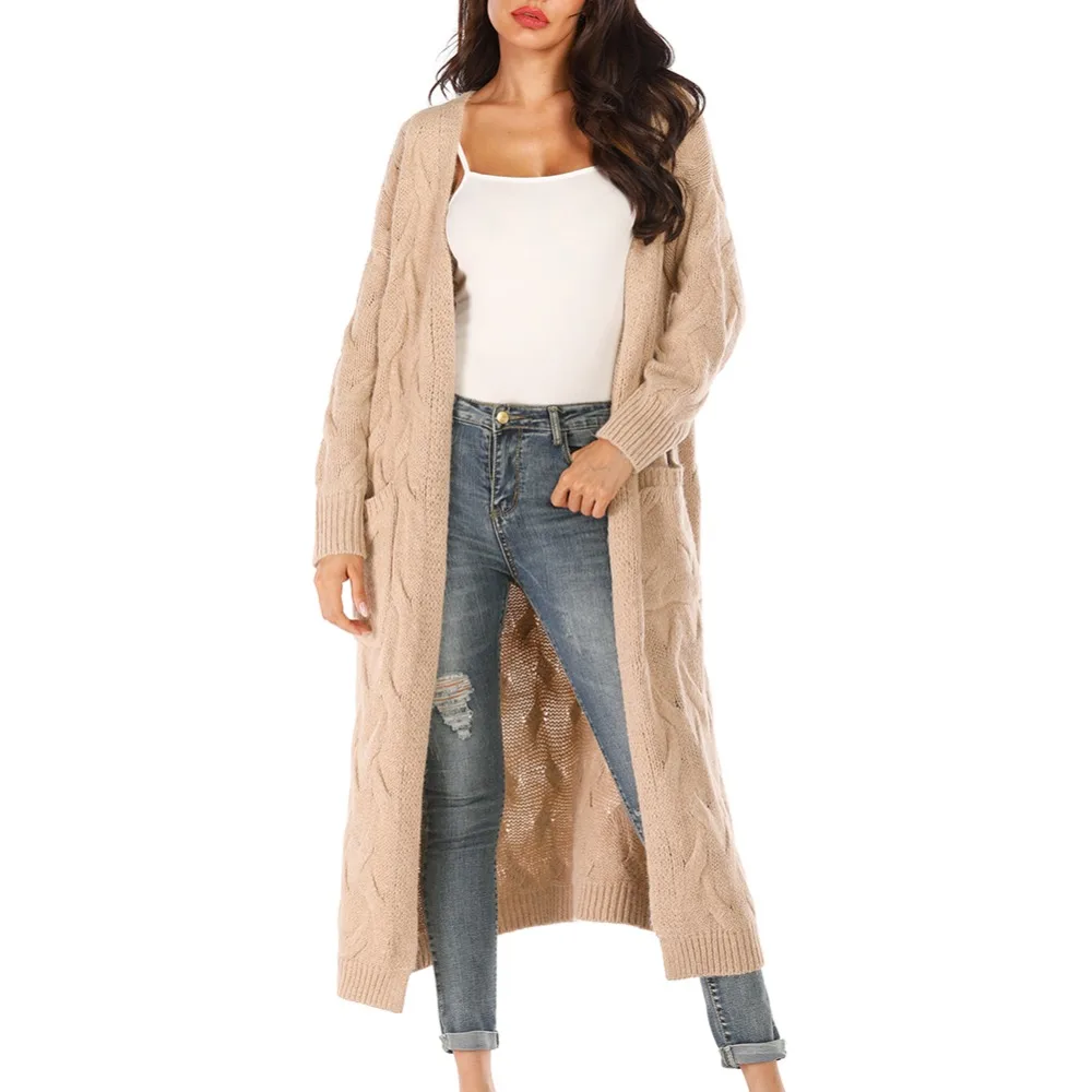 Элегантный женский кардиган пальто осень зима мода сплошной цвет карман вязаный свитер Свободный Повседневный Кардиган большого размера