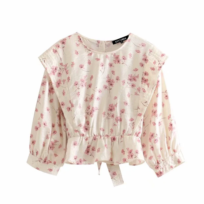 

Vintage Elegant Floral Print Short Style Tops Blusas Women Blouses 2019 Fashion O Neck Three Quarter Sleeve Back Bow Tie Shirts