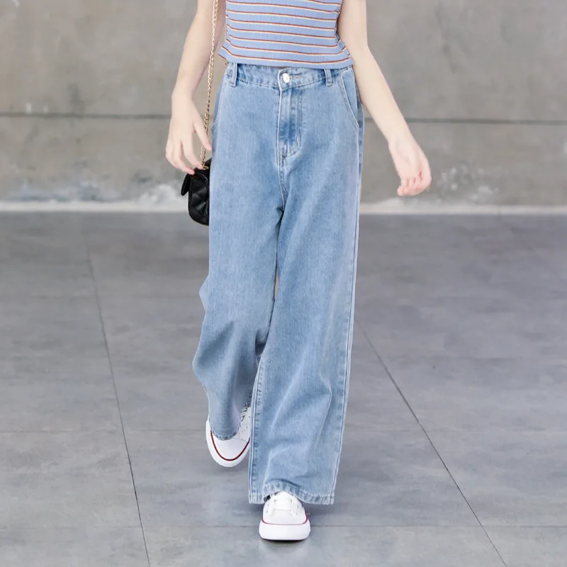 dPois Kids Girls Youth Fashion Washed Elastic Letter Waist Wide Leg Jeans Skinny Casual Demin Pants Baggy Trousers 
