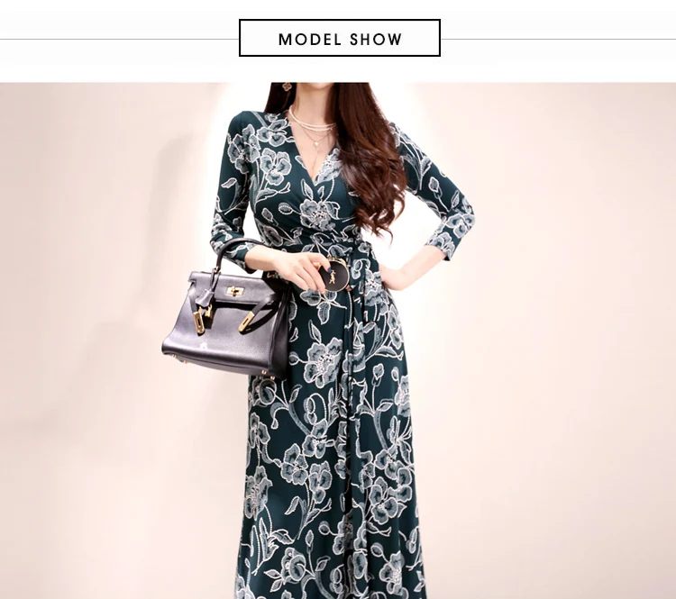 Осеннее винтажное платье с v-образным вырезом и поясом Vestidos, повседневное Свободное длинное платье макси с принтом