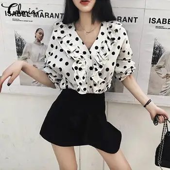 

Celmia Oversized Polka Dot Print Blouses Spring 2020 Women Long Sleeve Ruffled Shirt Lady Deep V-Neck Tunic Tops Casual Blusas