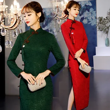 

Sheng Coco Long Sleeve Lace Chinese Dresses Cheongsam Wedding Gown Traditional Evening Dress Female New Year Clothing Autumn