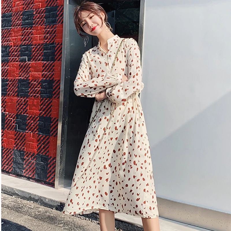 

Autumn Women Apricot Midi Slim Print Dress Boho Elegant Fashion Casual Vacation Dress fall Vintage Long Sleeve Korean Dresses